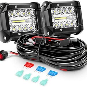 Nilight LED Light Bar 2PCS 60W 4 Inch Flood Spot Combo Work Light Pods Triple Row Driving Lamp with 12 ft Wiring Harness kit - 2 Leads,2 Year Warranty