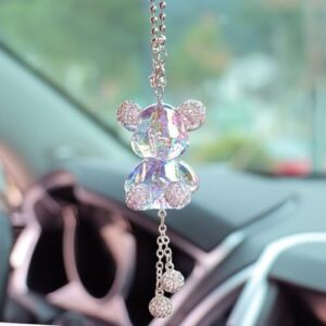 YOYLMAL Bling Diamond Car Hanging Accessories for Women and Girls, Cute Crystal Bear Car Rear View Mirror Charms Pendant Lucky Hanging Ornament Car Interior Decorations (Pink)