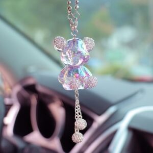 YOYLMAL Bling Diamond Car Hanging Accessories for Women and Girls, Cute Crystal Bear Car Rear View Mirror Charms Pendant Lucky Hanging Ornament Car Interior Decorations (Pink)