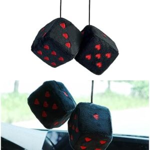 Pair Fuzzy Plush Dice for Car Mirror, 3” Retro Square Dice with Heart-Shape, Universal Auto Rearview Mirror Hanging Ornament Decoration, Car Accessories for Women (Black&Red)