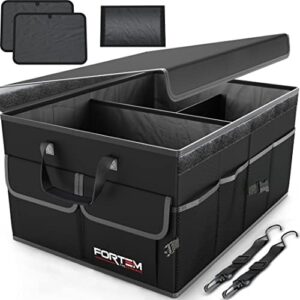 FORTEM Car Trunk Organizer, Collapsible Multi Compartment Car Organizer, Foldable SUV Storage for Car Accessories for Women Men, Non Slip Bottom, Securing Straps, Cover 50L (Black, Standard)