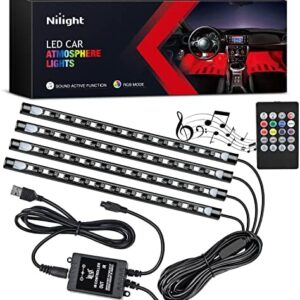 Nilight 48 LEDs DC 5V Multicolor Music Car Strip Light Under Dash Lighting Kit with Sound Active Function and Wireless Remote Control, 2 Years Warranty, 4PCS USB Interior Lights