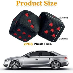 Pair Fuzzy Plush Dice for Car Mirror, 3” Retro Square Dice with Heart-Shape, Universal Auto Rearview Mirror Hanging Ornament Decoration, Car Accessories for Women (Black&Red)