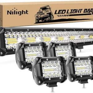 Nilight 20 Inch 420W Triple Row Flood Spot Combo Led Light Bar 4PCS 4Inch 60W LED Pods Driving Boat Lights Led Off Road Trucks Lights , 2 Years Warranty (ZH415), Black