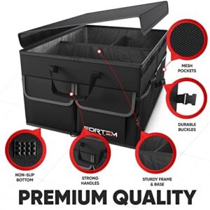 FORTEM Car Trunk Organizer, Collapsible Multi Compartment Car Organizer, Foldable SUV Storage for Car Accessories for Women Men, Non Slip Bottom, Securing Straps, Cover 50L (Black, Standard)