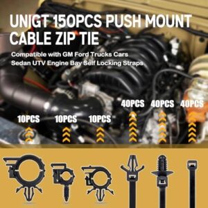 150pcs Push Mount Cable Zip Tie with Car Wire Loom Routing Clips, Universal Compatible with GM Ford Trucks Cars Sedan UTV Engine Bay Self Locking Straps