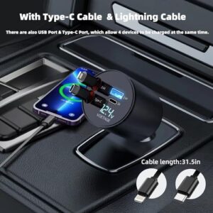 Retractable Car Charger, 100W 4 in 1 Fast Car Phone Charger Build-in 2 Retractable Charging Cables and 2 USB Ports with Voltage Display for iPhone 15/14/13/12 Pro Max XR,iPad,Samsung,Pixel